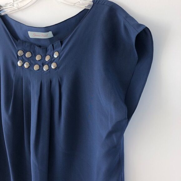 Geren Ford Pleats & Studs Sleeveless Silk Blouse In Navy - Picture 4 of 11